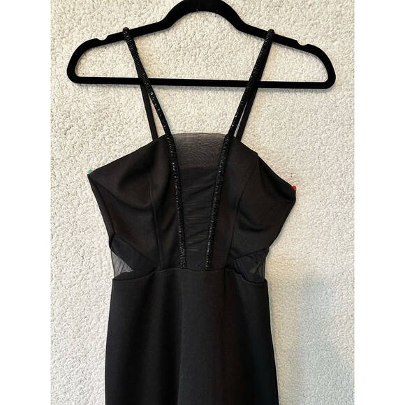 Sassy Stretchy Bodycon Strappy Little Black Dress Size PP Mesh Side Panel Detail - Picture 2 of 13